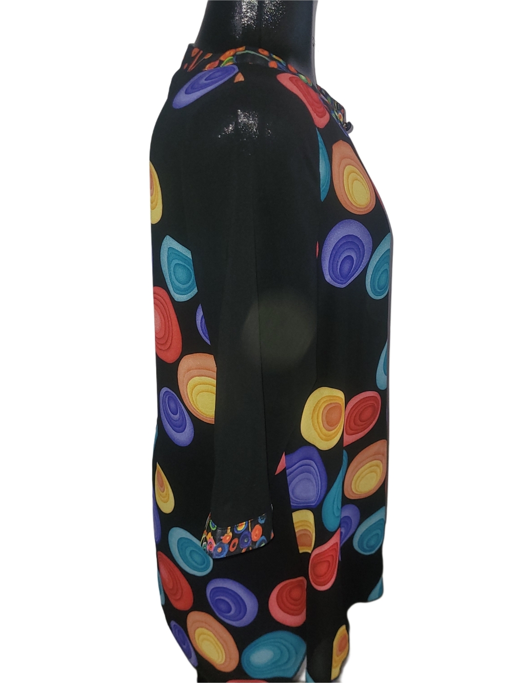 Variations Black Multi-Color Geometric Circles Faux Button-Front Sheer Top L - Picture 4 of 6